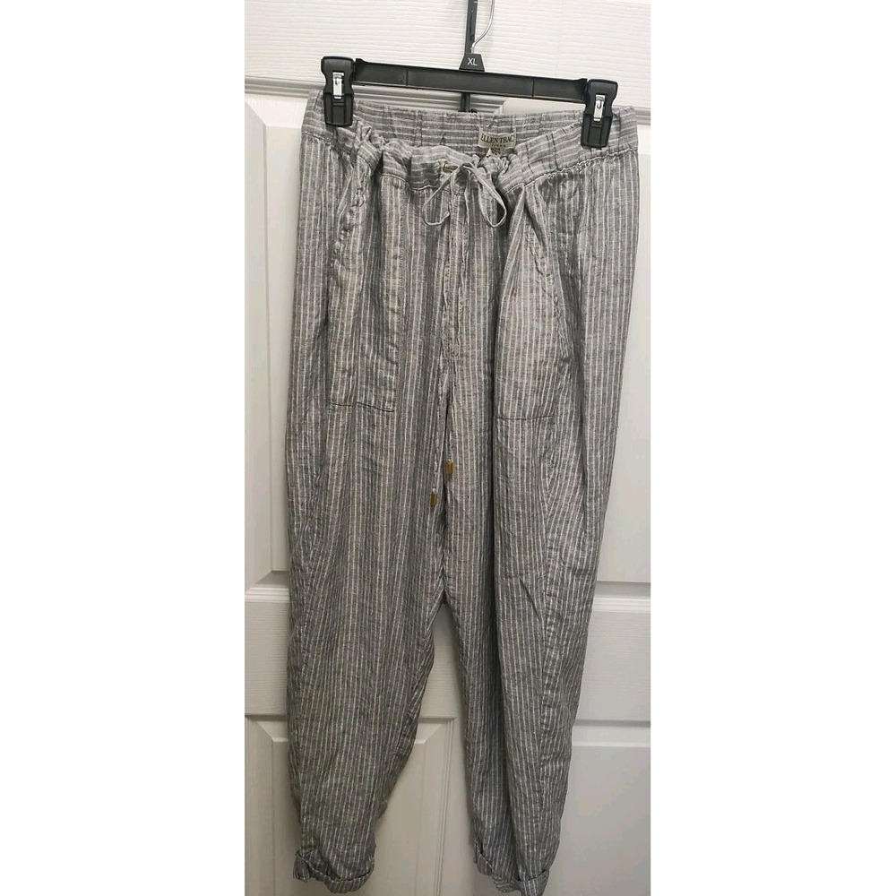 Ellen Tracy Linen Rayon Blend Pants Gray & White Pin Striped Elastic Waist M